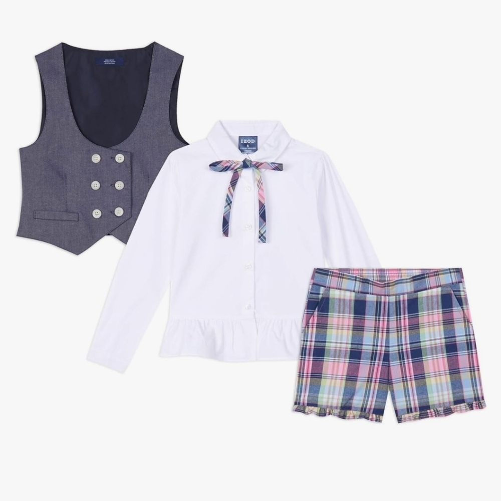 NEW! IZOD Girls 4-Piece Outfit Set – Shirt, Double Breasted Vest, Tie & Shirt 5.